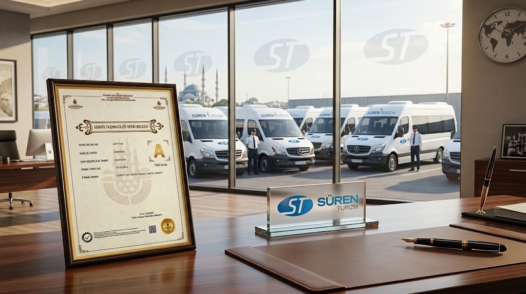Süren Turizm – İBB Onaylı A Grubu Servis Yetki Belgesi Süren Turizm şirketine ait İstanbul Büyükşehir Belediyesi (İBB) mühürlü A Grubu Servis Taşımacılığı Yetki Belgesi sertifikası ve arka planda servis araçları.