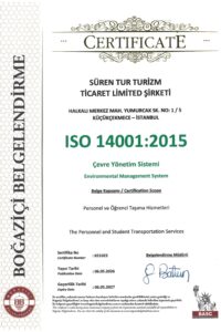 Süren Turizm; İBB UKOME mevzuatına uyumlu modern filo yönetimi ve ISO 14001:2015 çevre standartlarıyla çevreye duyarlı kurumsal taşımacılık çözümleri sağlar.