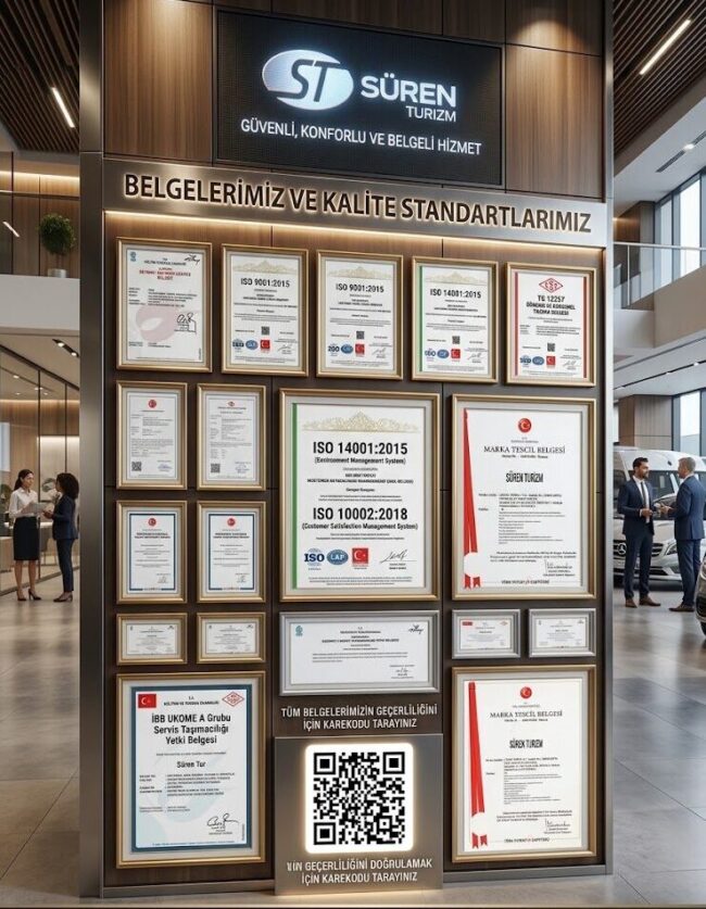 Süren Turizm İBB A Grubu Yetki ve Kalite Belgeleri Panosu Süren Turizm İBB UKOME A Grubu servis taşımacılığı yetki belgesi, TS 12257, Marka Tescil, ISO 9001, 14001, 10002 ve 45001 kalite sertifikaları panosu