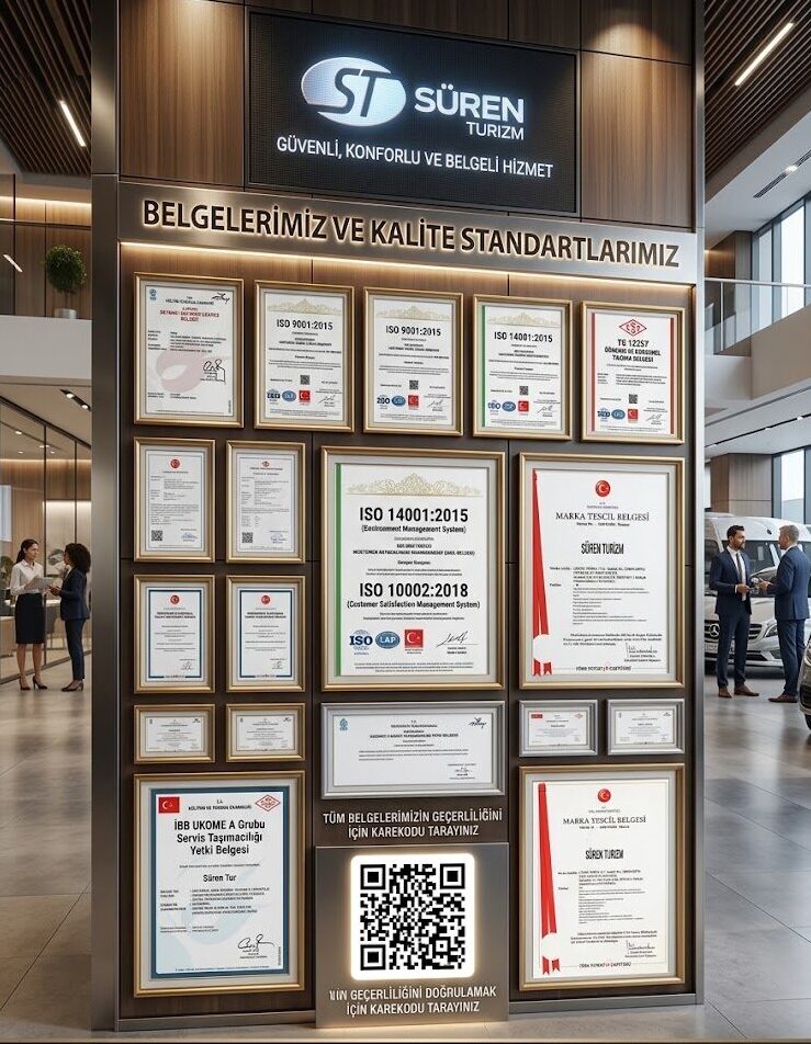 Süren Turizm İBB A Grubu Yetki ve Kalite Belgeleri Panosu Süren Turizm İBB UKOME A Grubu servis taşımacılığı yetki belgesi, TS 12257, Marka Tescil, ISO 9001, 14001, 10002 ve 45001 kalite sertifikaları panosu
