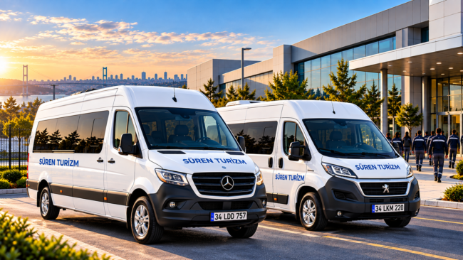 İstanbul'da Süren Turizm personel taşımacılığı hizmetlerini temsil eden beyaz Mercedes Sprinter ve Peugeot Boxer servis araçları